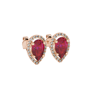 Close-up, pear shape raspberry red gemstone earrings, rose gold french pavé halo.