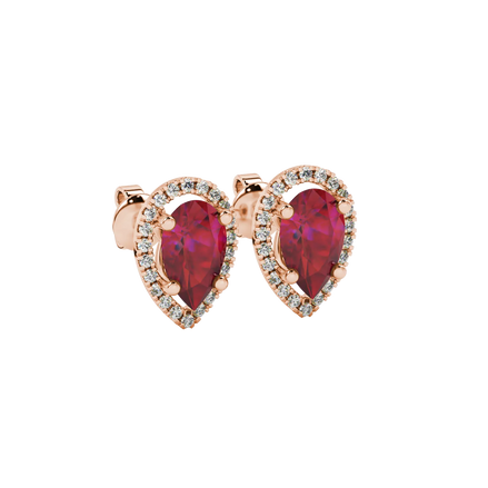 Close-up, pear shape raspberry red gemstone earrings, rose gold french pavé halo.