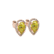 Close-up, pear shape canary yellow gemstone earrings, rose gold french pavé halo.