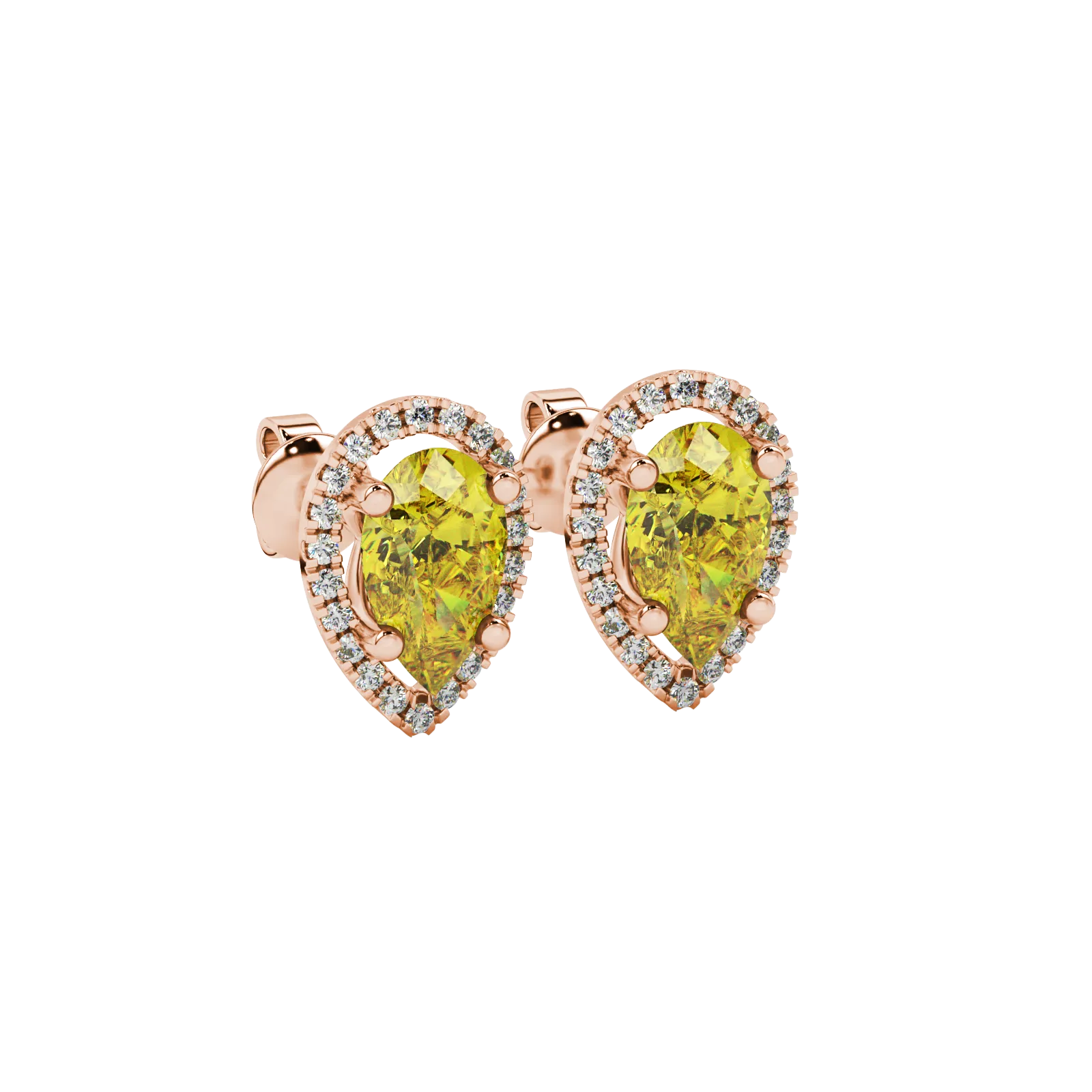 Close-up, pear shape canary yellow gemstone earrings, rose gold french pavé halo.