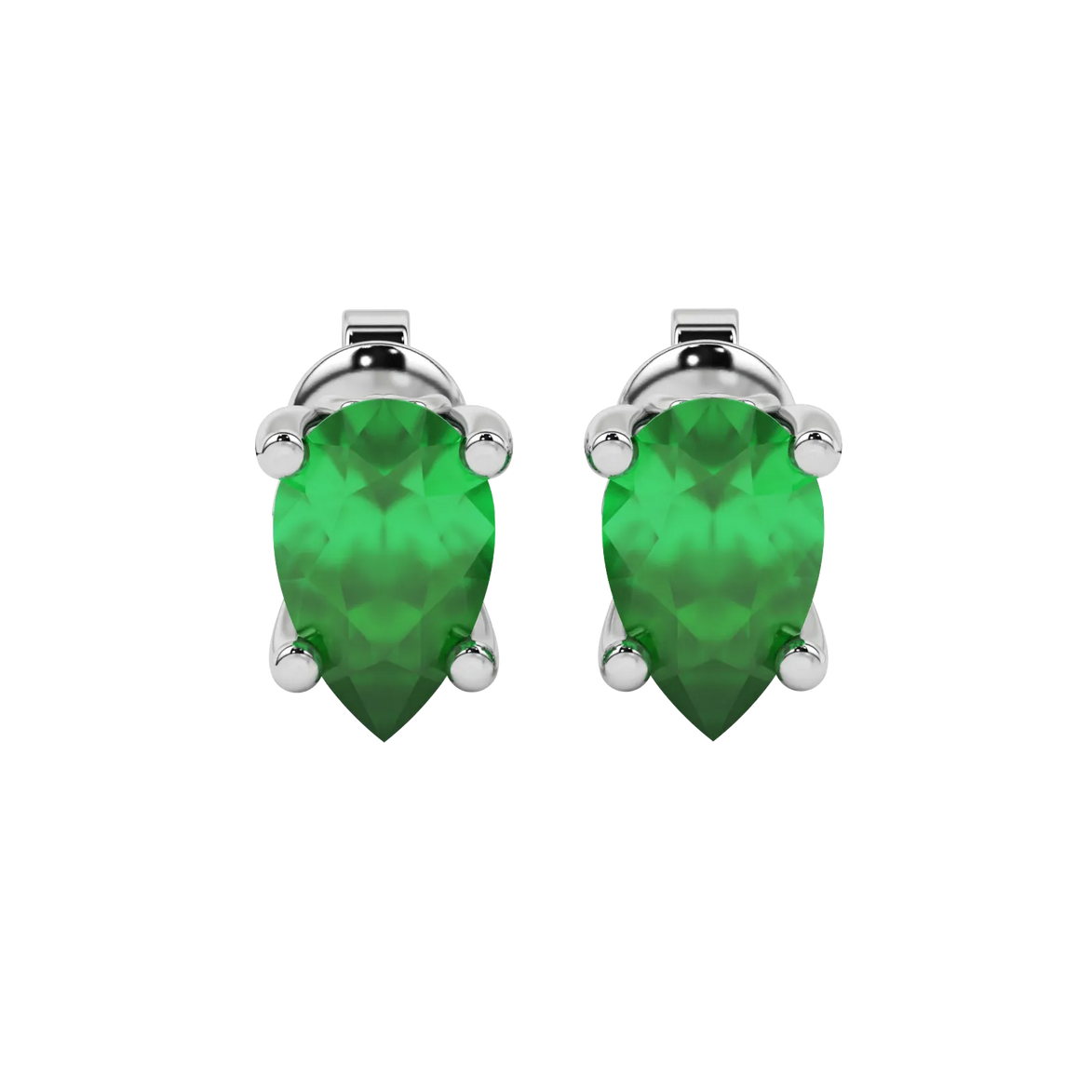 Pear shape emerald green gemstone earrings, white gold lotus basket setting.