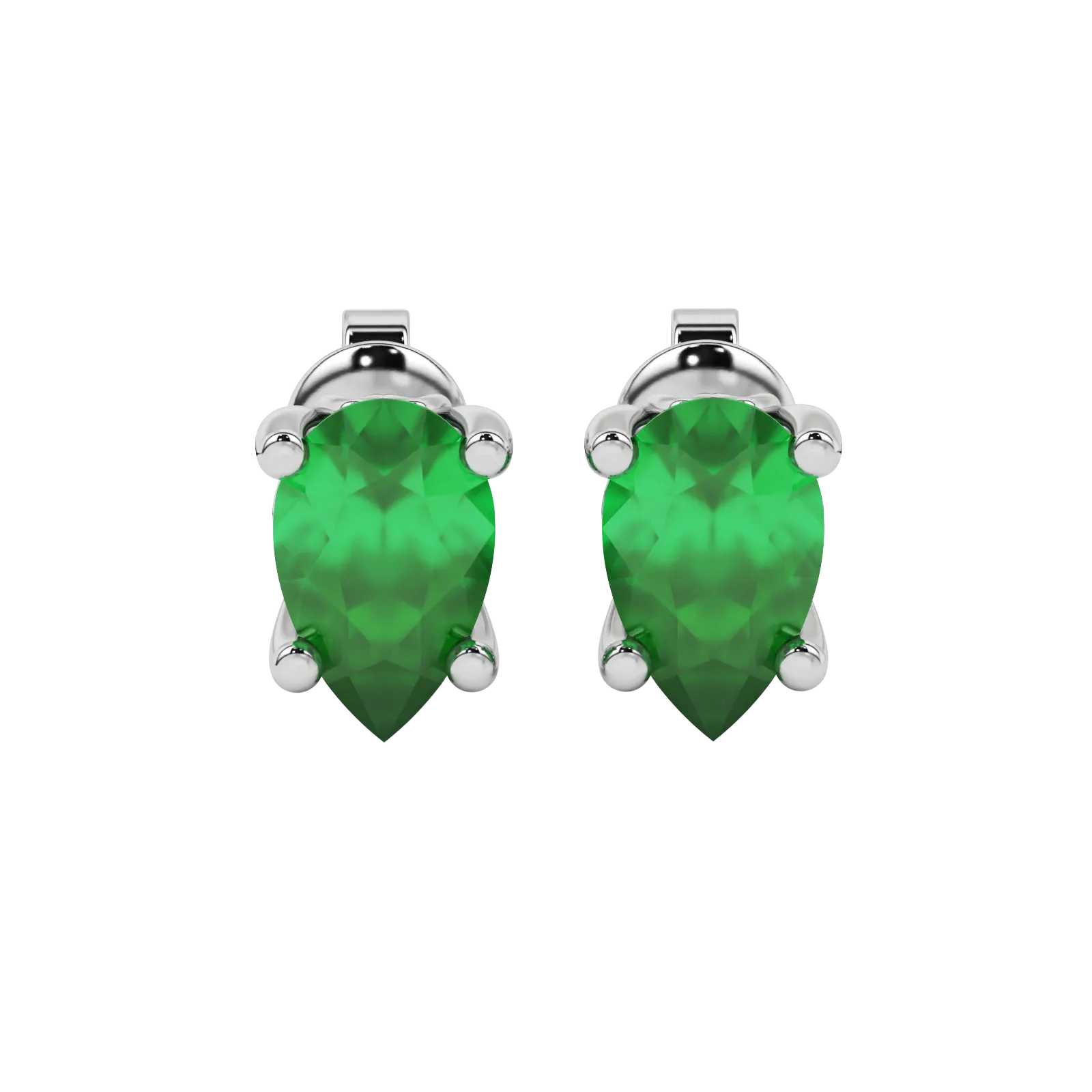 Pear shape emerald green gemstone earrings, white gold lotus basket setting.