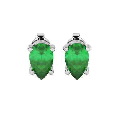 Pear shape emerald green gemstone earrings, white gold lotus basket setting.