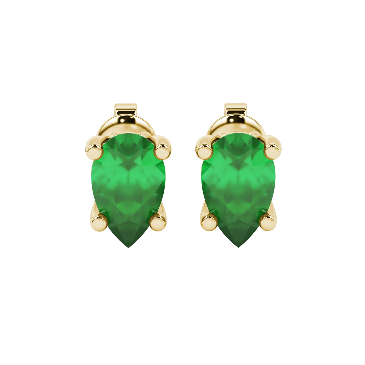 Pear shape emerald green gemstone earrings, yellow gold lotus basket setting.
