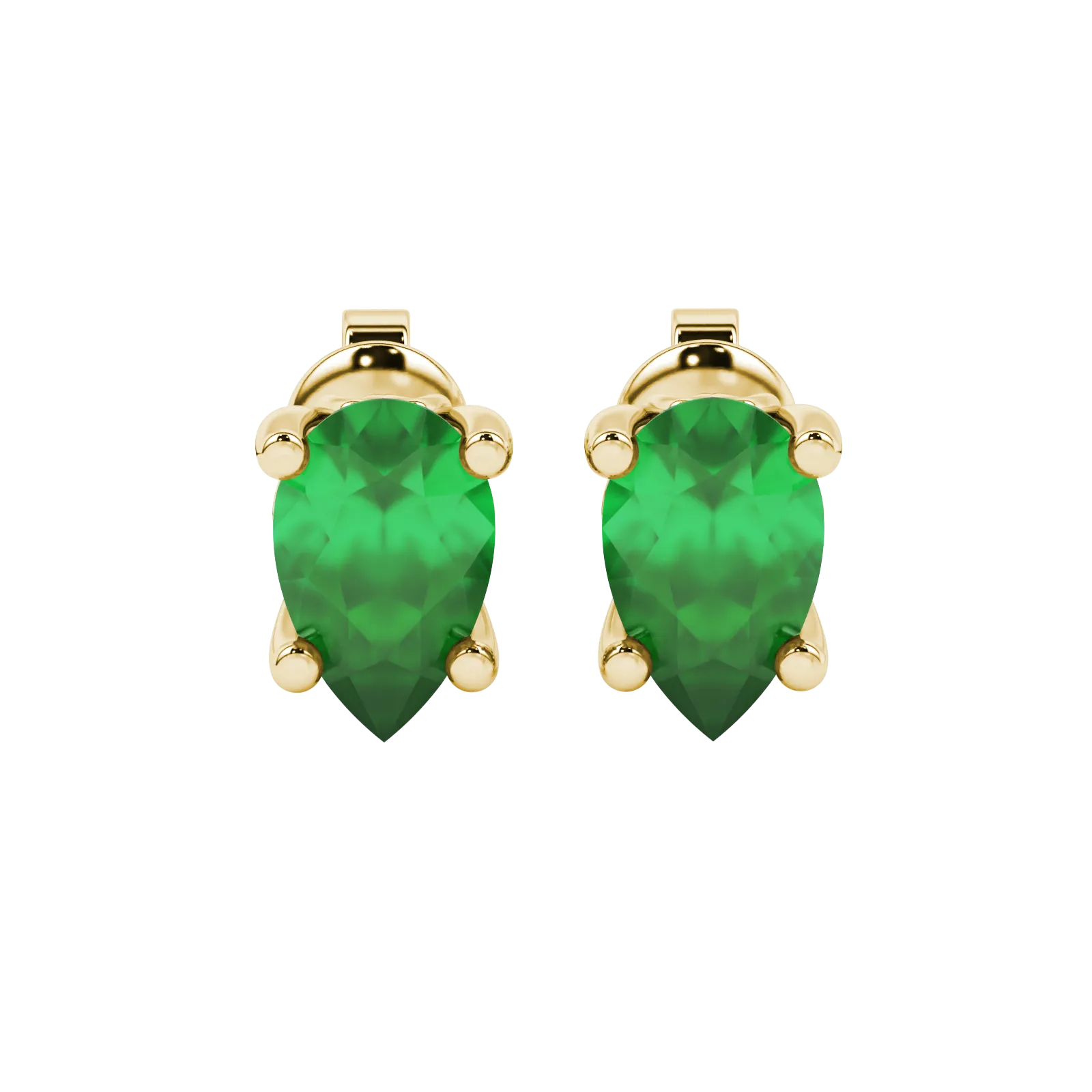 Pear shape emerald green gemstone earrings, yellow gold lotus basket setting.