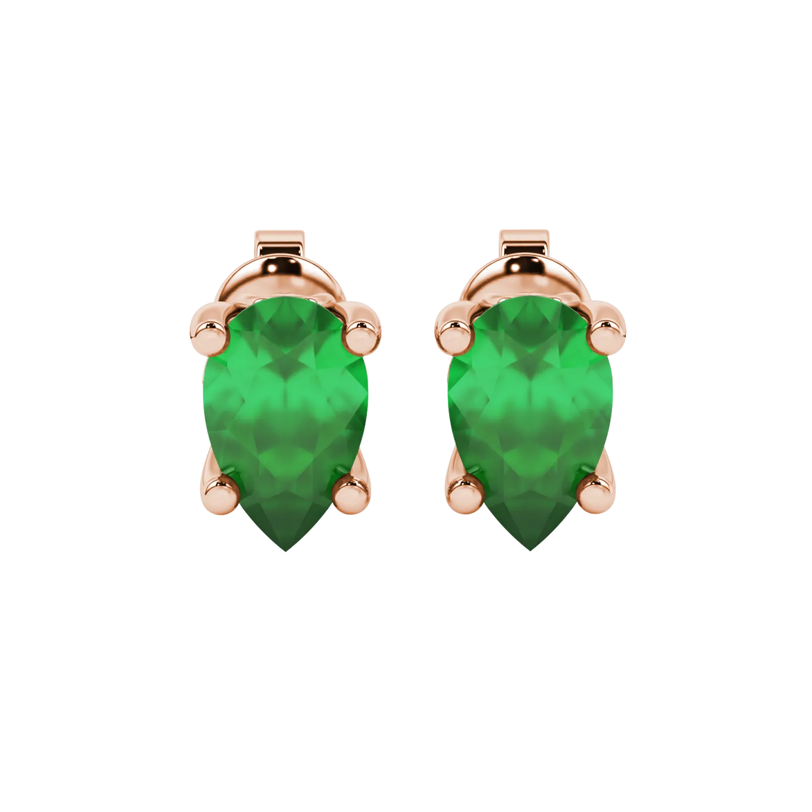 Pear shape emerald green gemstone earrings, rose gold lotus basket setting.