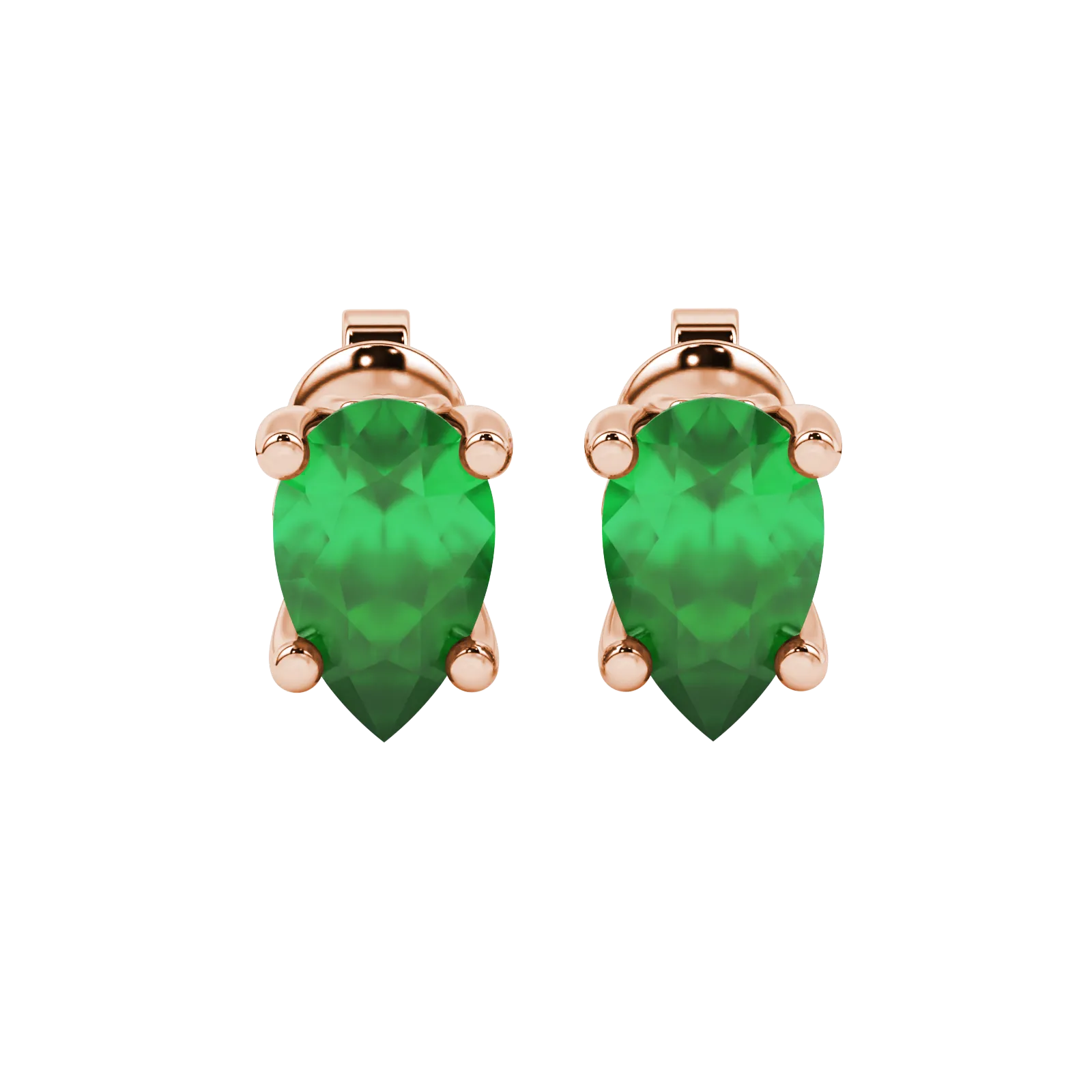Pear shape emerald green gemstone earrings, rose gold lotus basket setting.