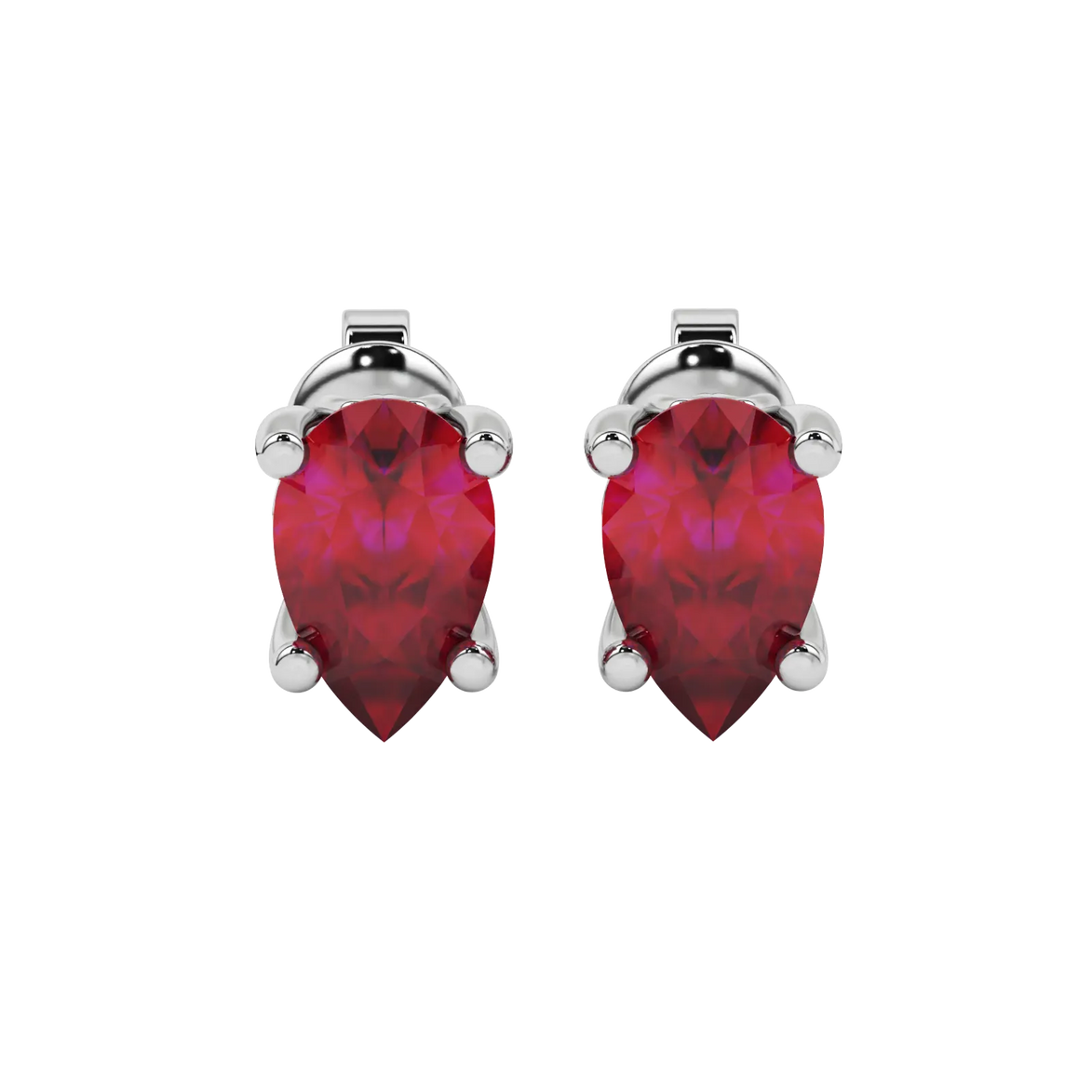 Pear shape raspberry red gemstone earrings, white gold lotus basket setting.