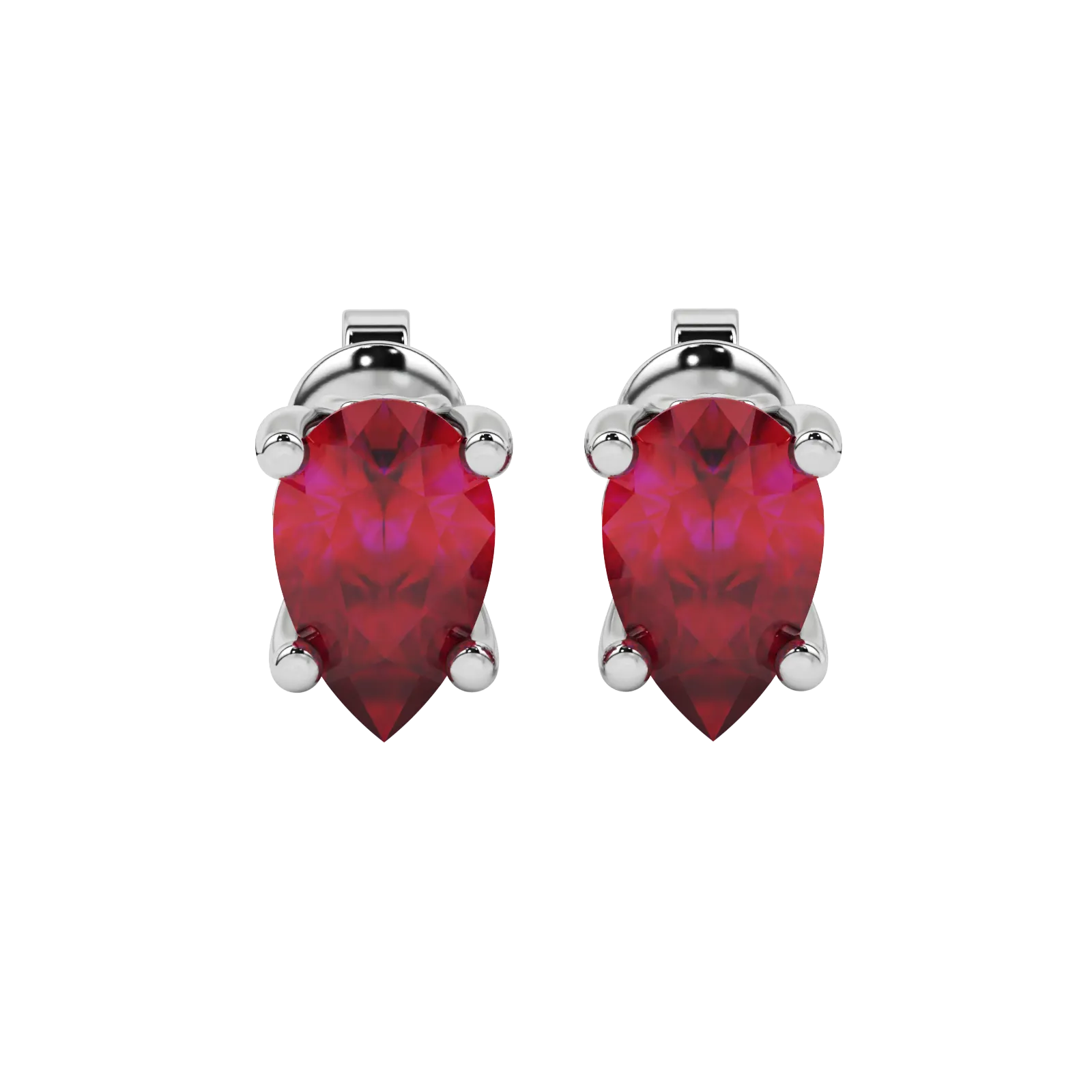 Pear shape raspberry red gemstone earrings, white gold lotus basket setting.