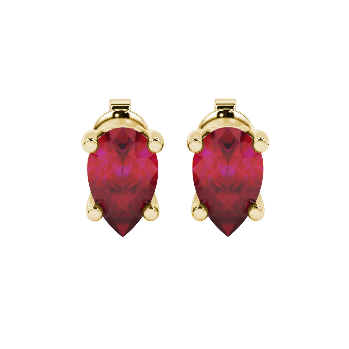 Pear shape raspberry red gemstone earrings, yellow gold lotus basket setting.