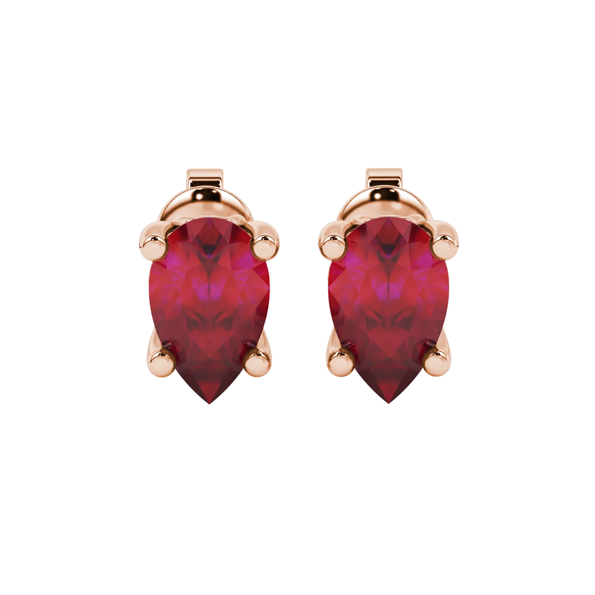 Pear shape raspberry red gemstone earrings, rose gold lotus basket setting.