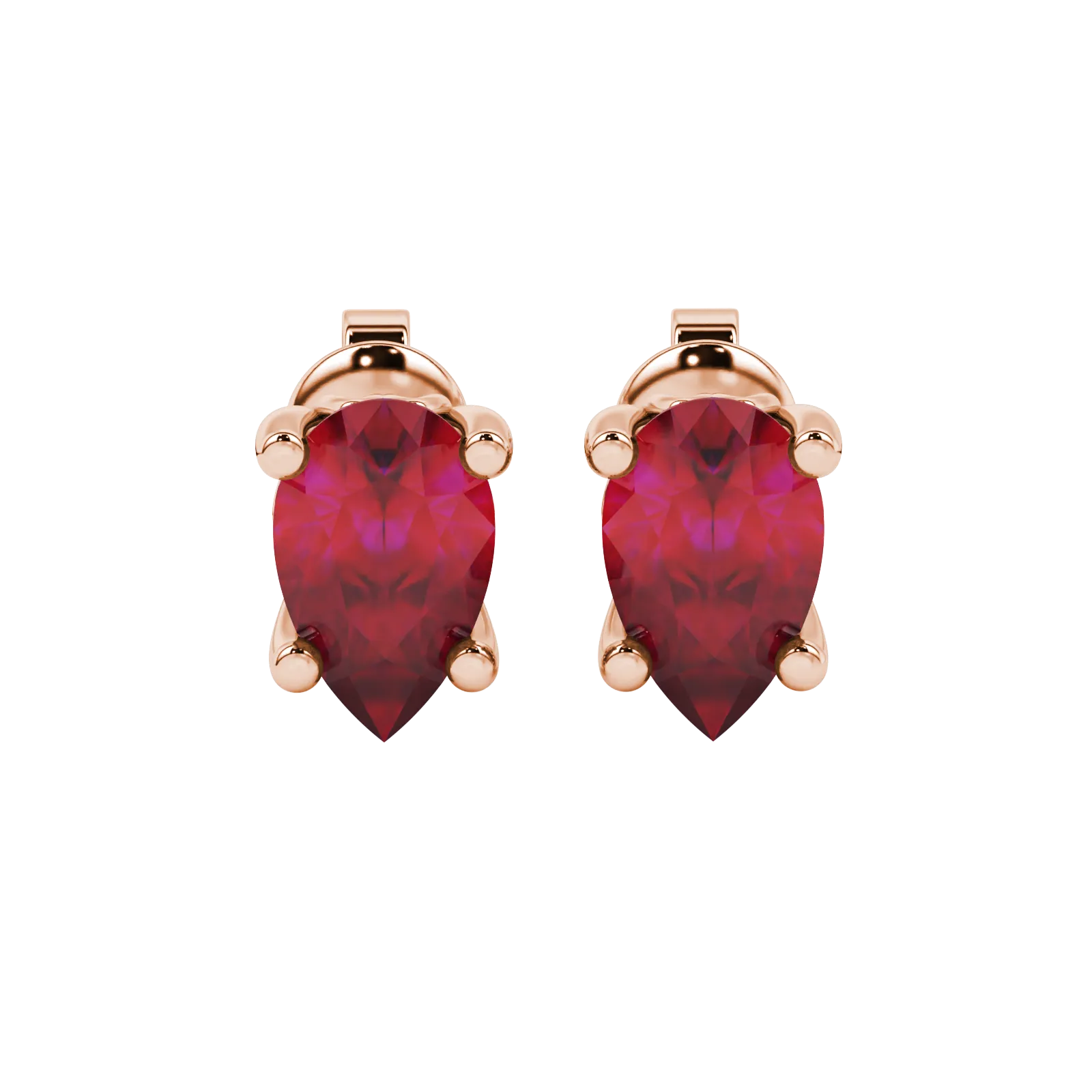 Pear shape raspberry red gemstone earrings, rose gold lotus basket setting.