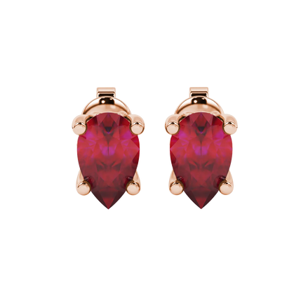 Pear shape raspberry red gemstone earrings, rose gold lotus basket setting.