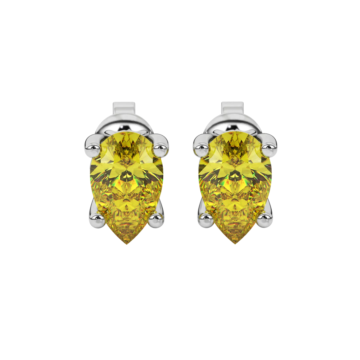 Pear shape canary yellow gemstone earrings, white gold lotus basket setting.