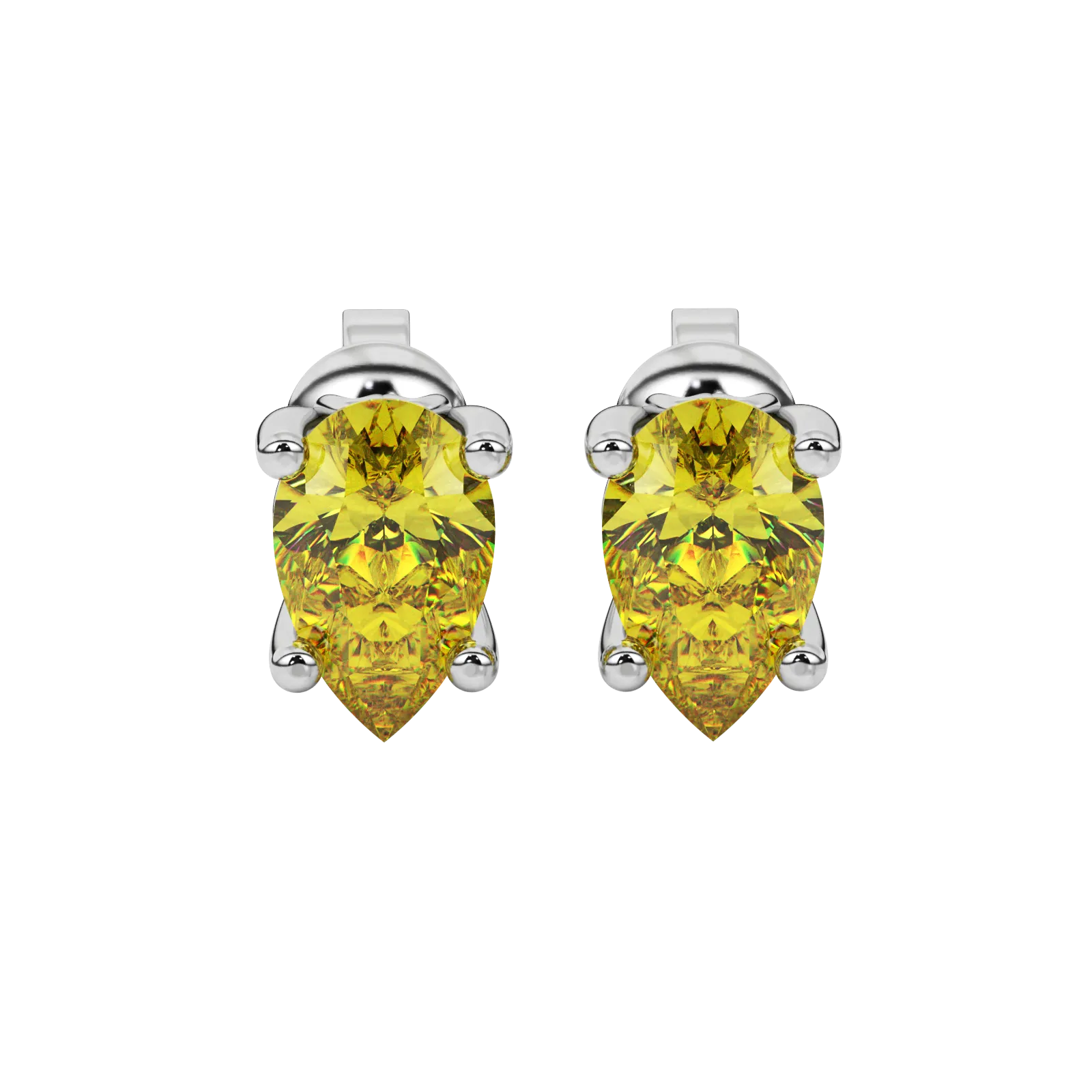 Pear shape canary yellow gemstone earrings, white gold lotus basket setting.