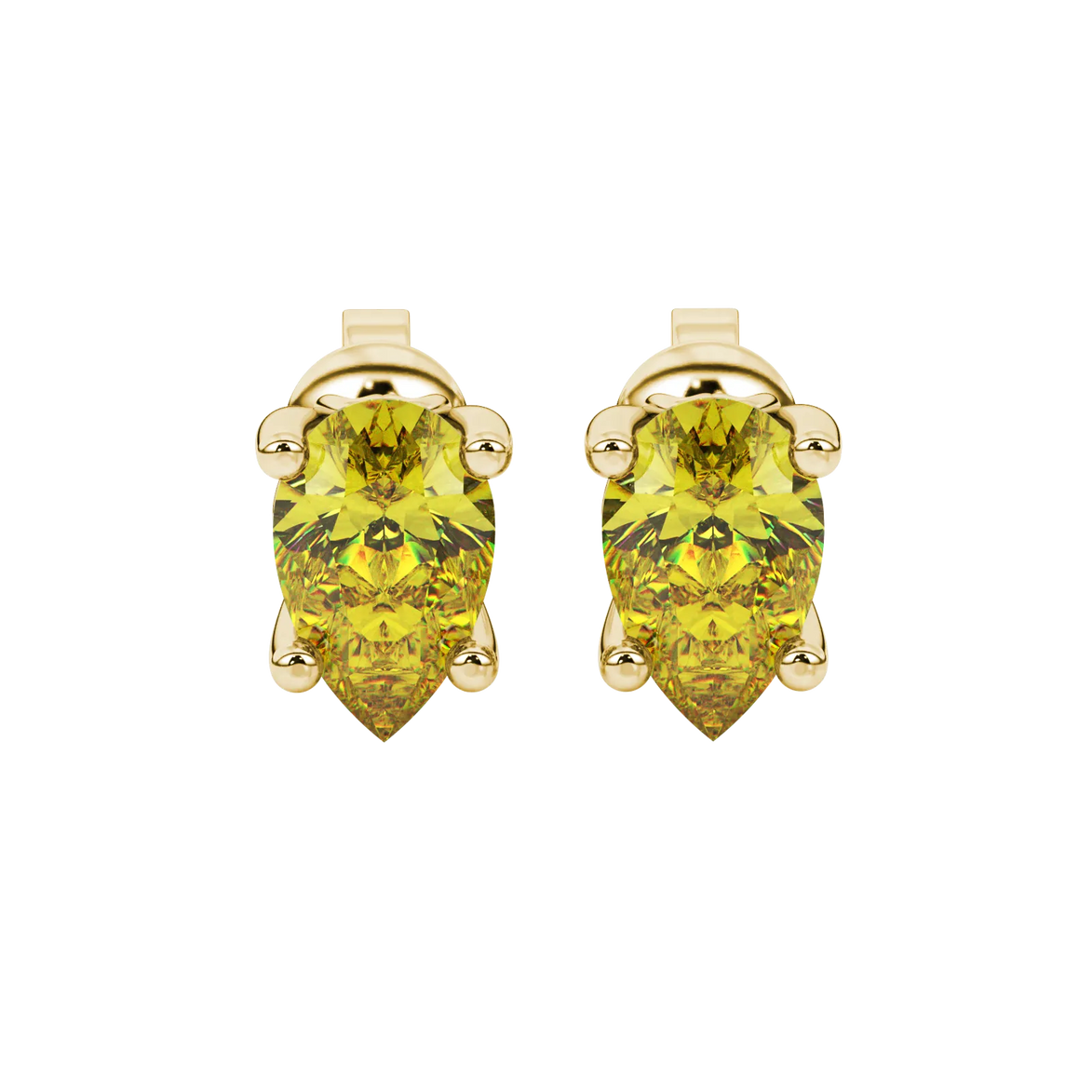 Pear shape canary yellow gemstone earrings, yellow gold lotus basket setting.