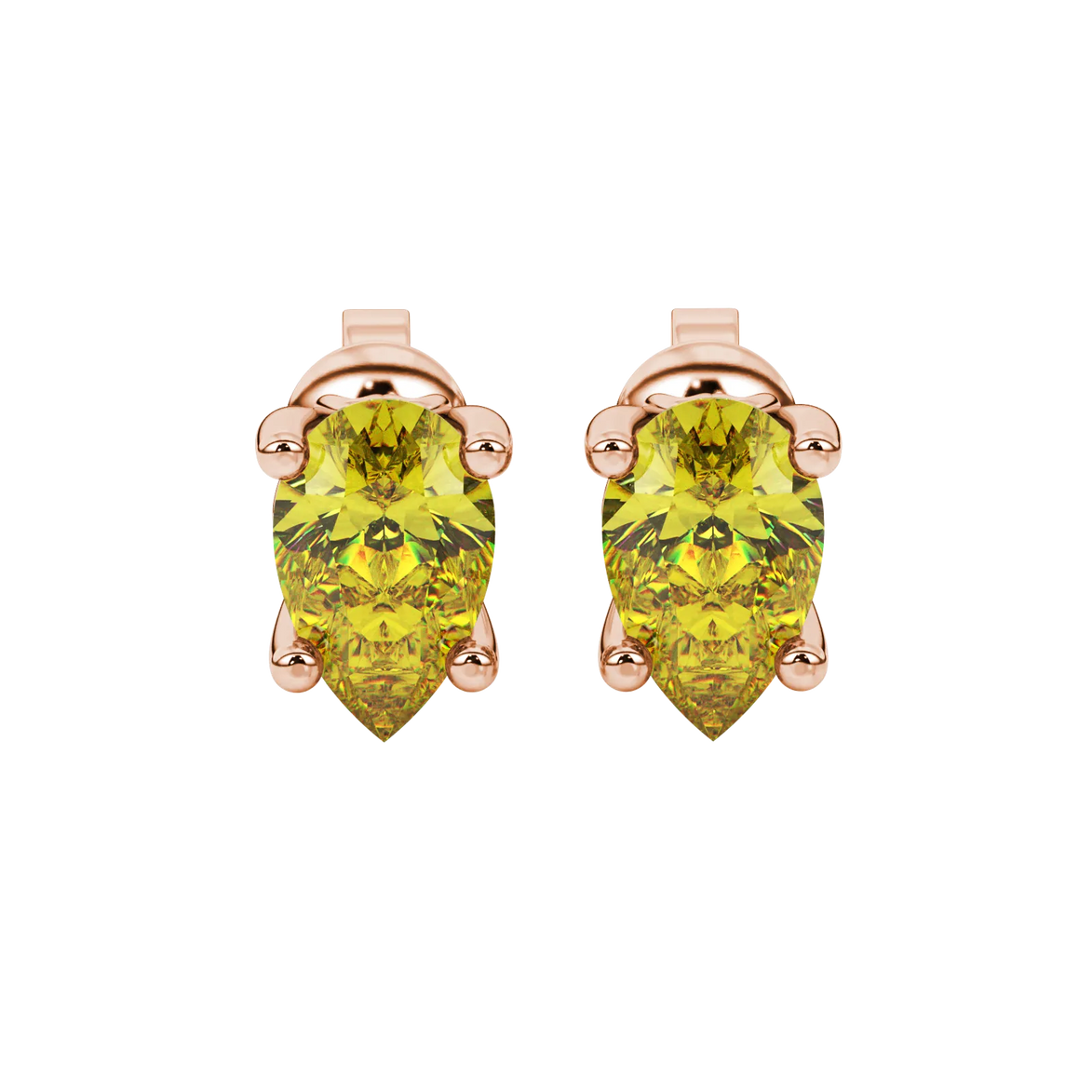 Pear shape canary yellow gemstone earrings, rose gold lotus basket setting.