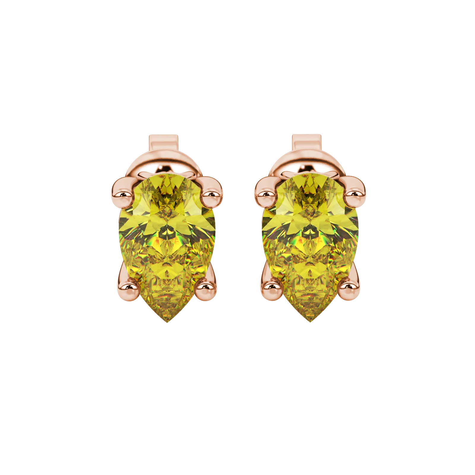 Pear shape canary yellow gemstone earrings, rose gold lotus basket setting.