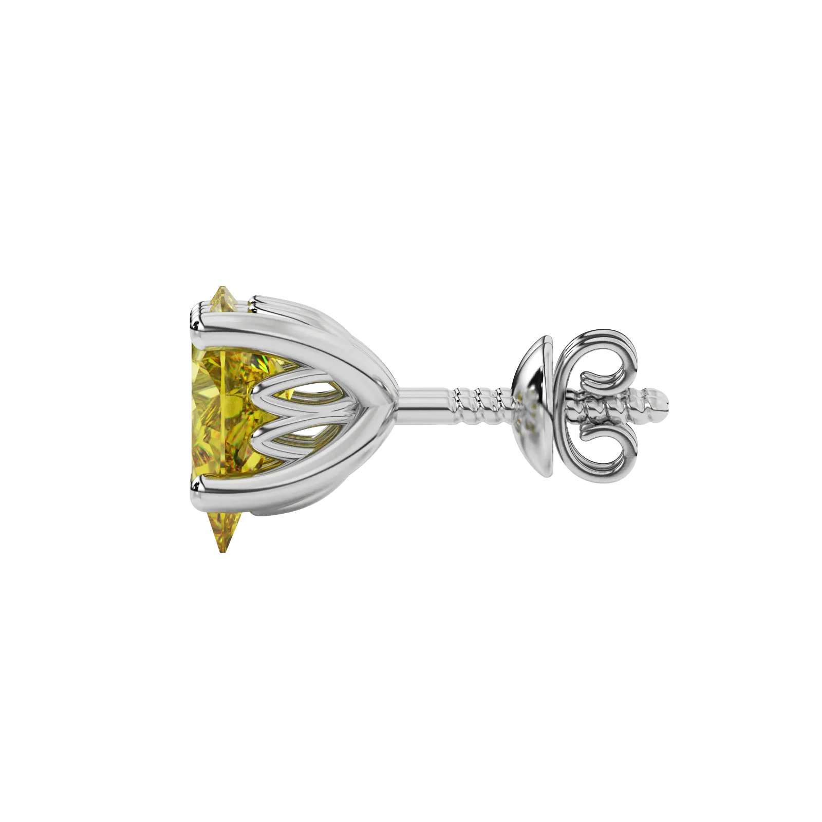 Side profile, white gold canary yellow earrings, lotus basket gallery.