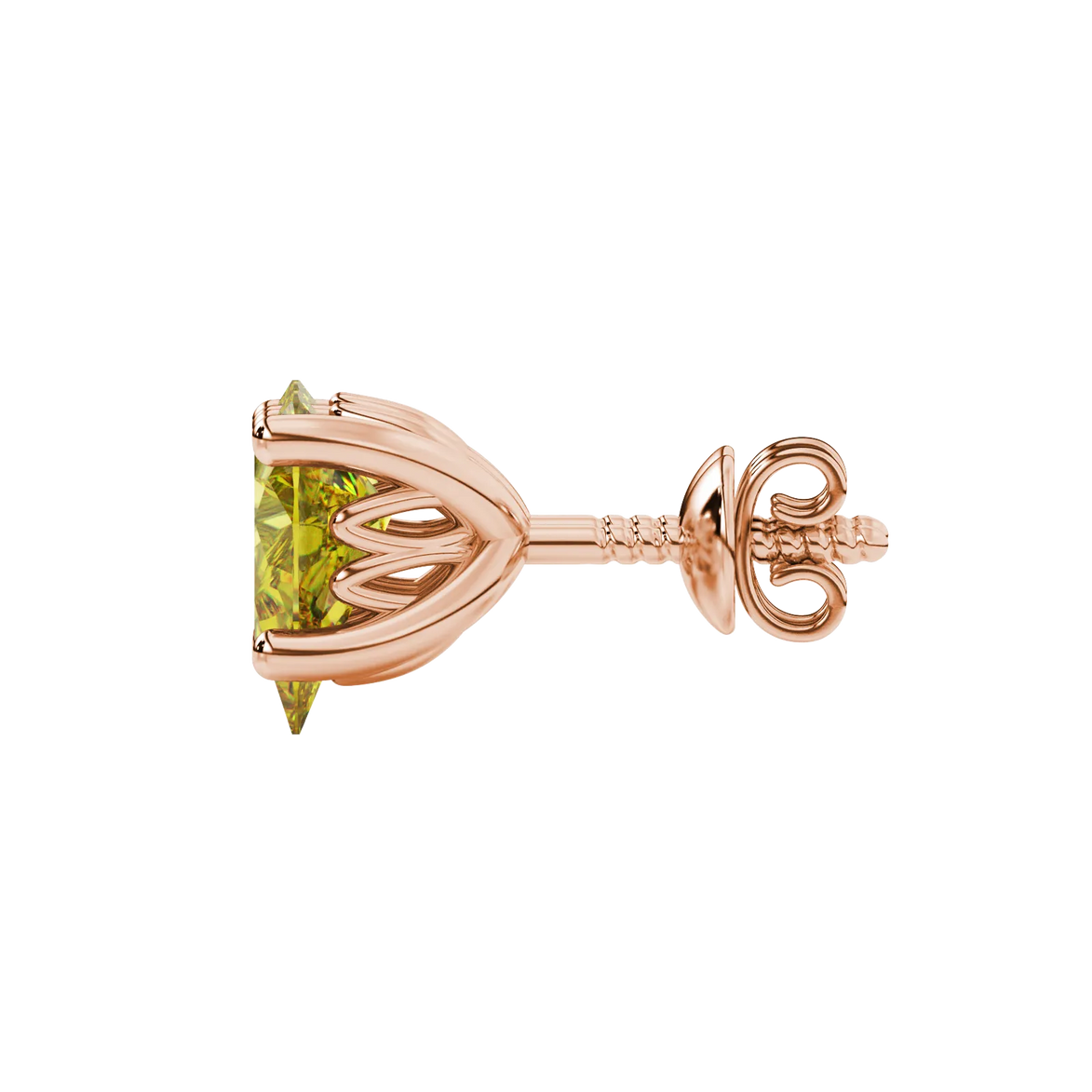 Side profile, rose gold canary yellow earrings, lotus basket gallery.