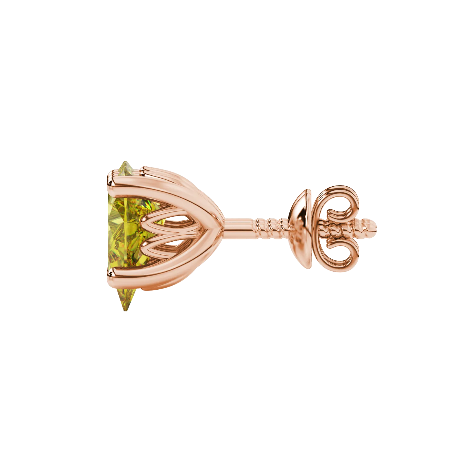 Side profile, rose gold canary yellow earrings, lotus basket gallery.