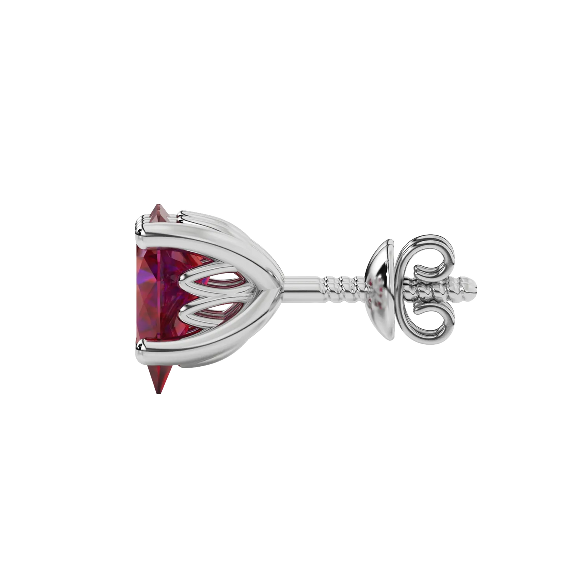Side profile, white gold raspberry red earrings, lotus basket gallery.