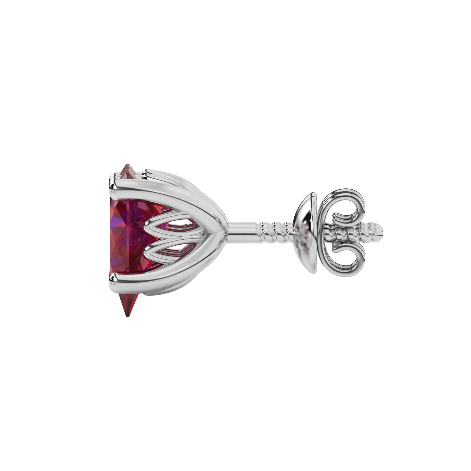 Side profile, white gold raspberry red earrings, lotus basket gallery.