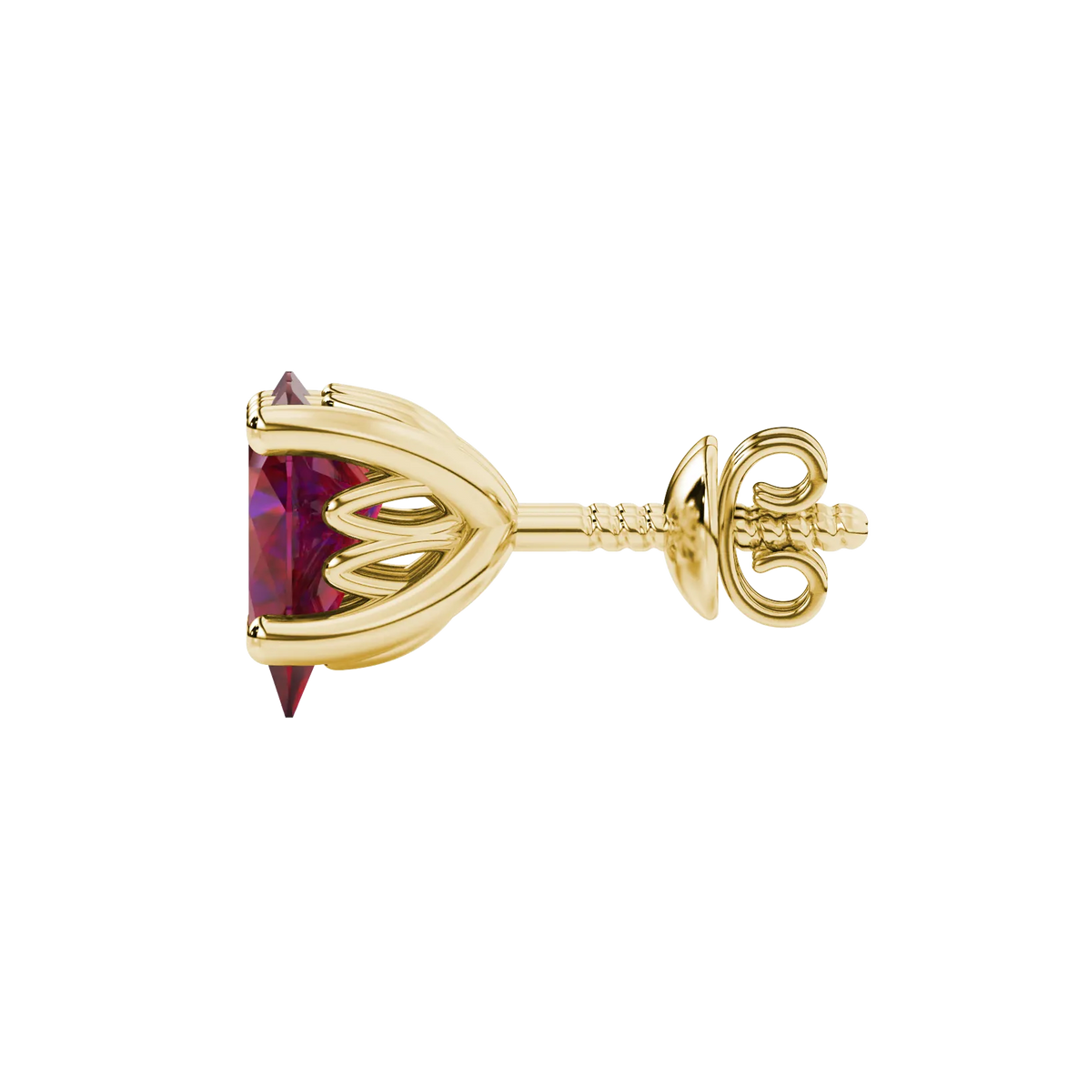 Side profile, yellow gold raspberry red earrings, lotus basket gallery.