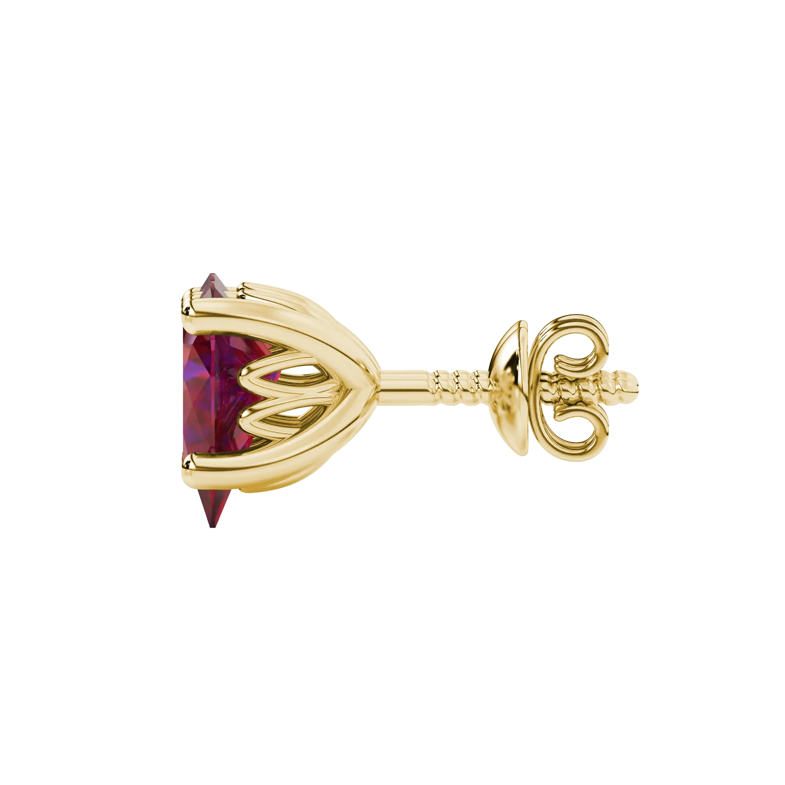 Side profile, yellow gold raspberry red earrings, lotus basket gallery.