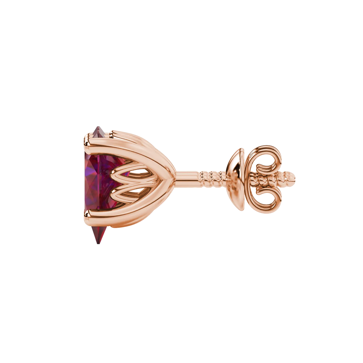 Side profile, rose gold raspberry red earrings, lotus basket gallery.