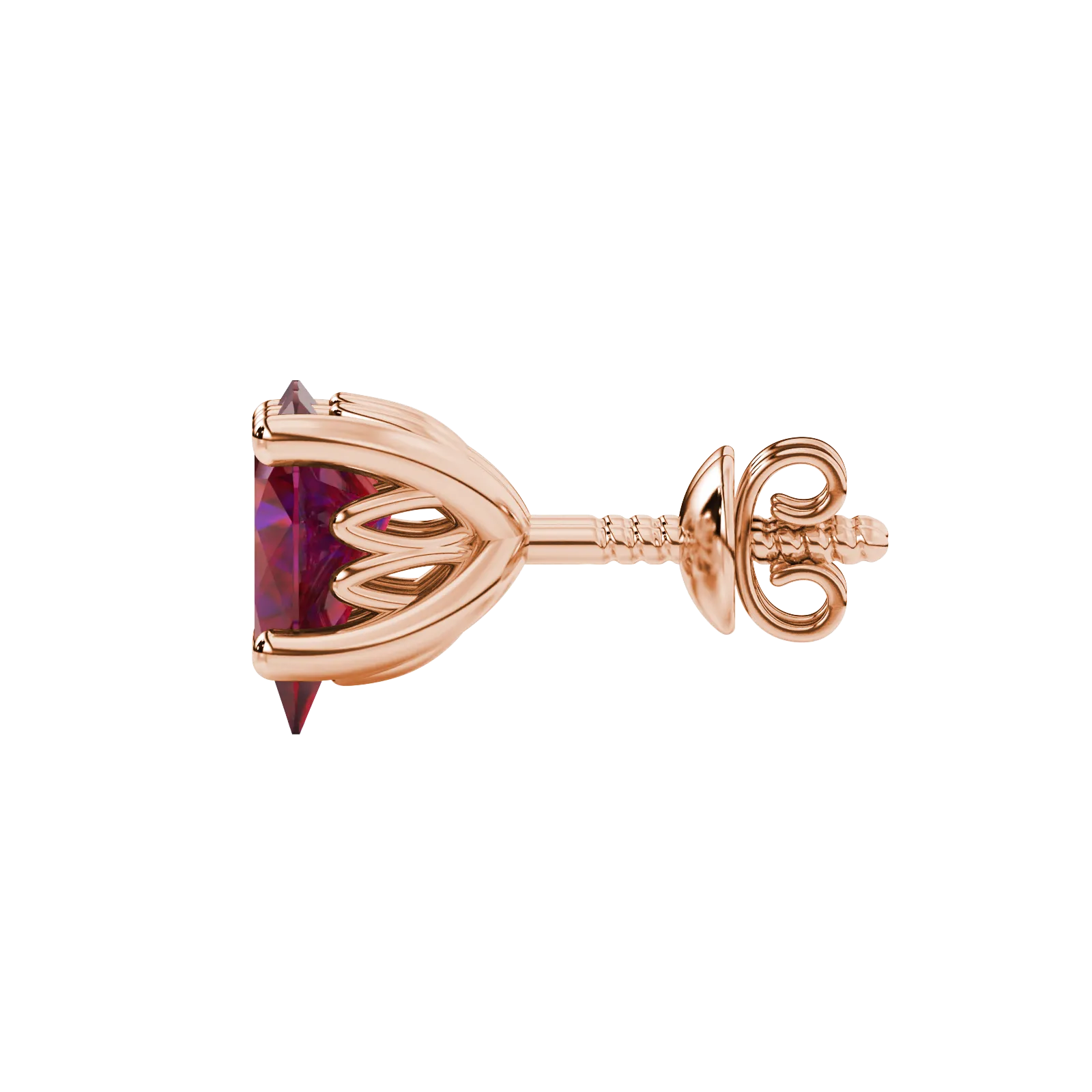 Side profile, rose gold raspberry red earrings, lotus basket gallery.