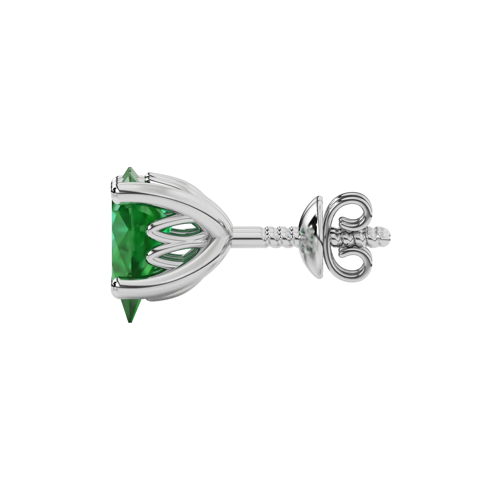 Side profile, white gold emerald green earrings, lotus basket gallery.