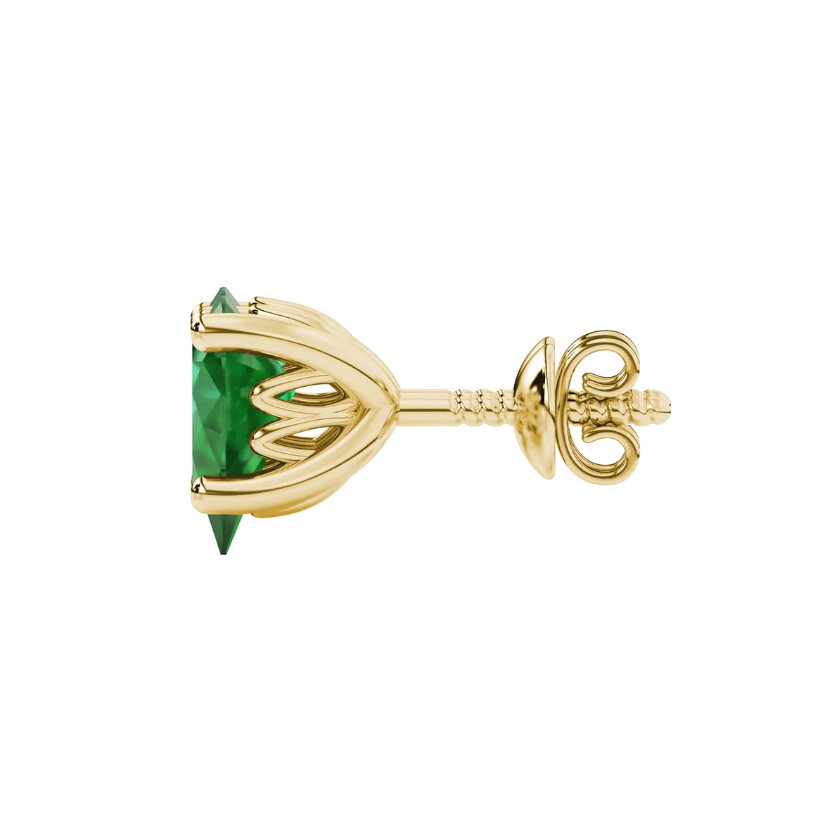 Side profile, yellow gold emerald green earrings, lotus basket gallery.