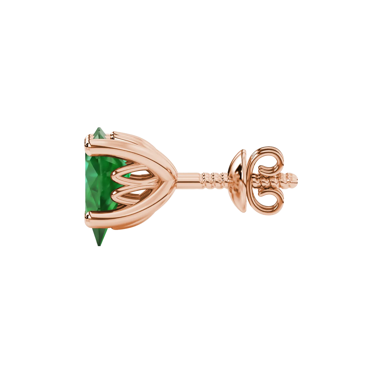 Side profile, rose gold emerald green earrings, lotus basket gallery.