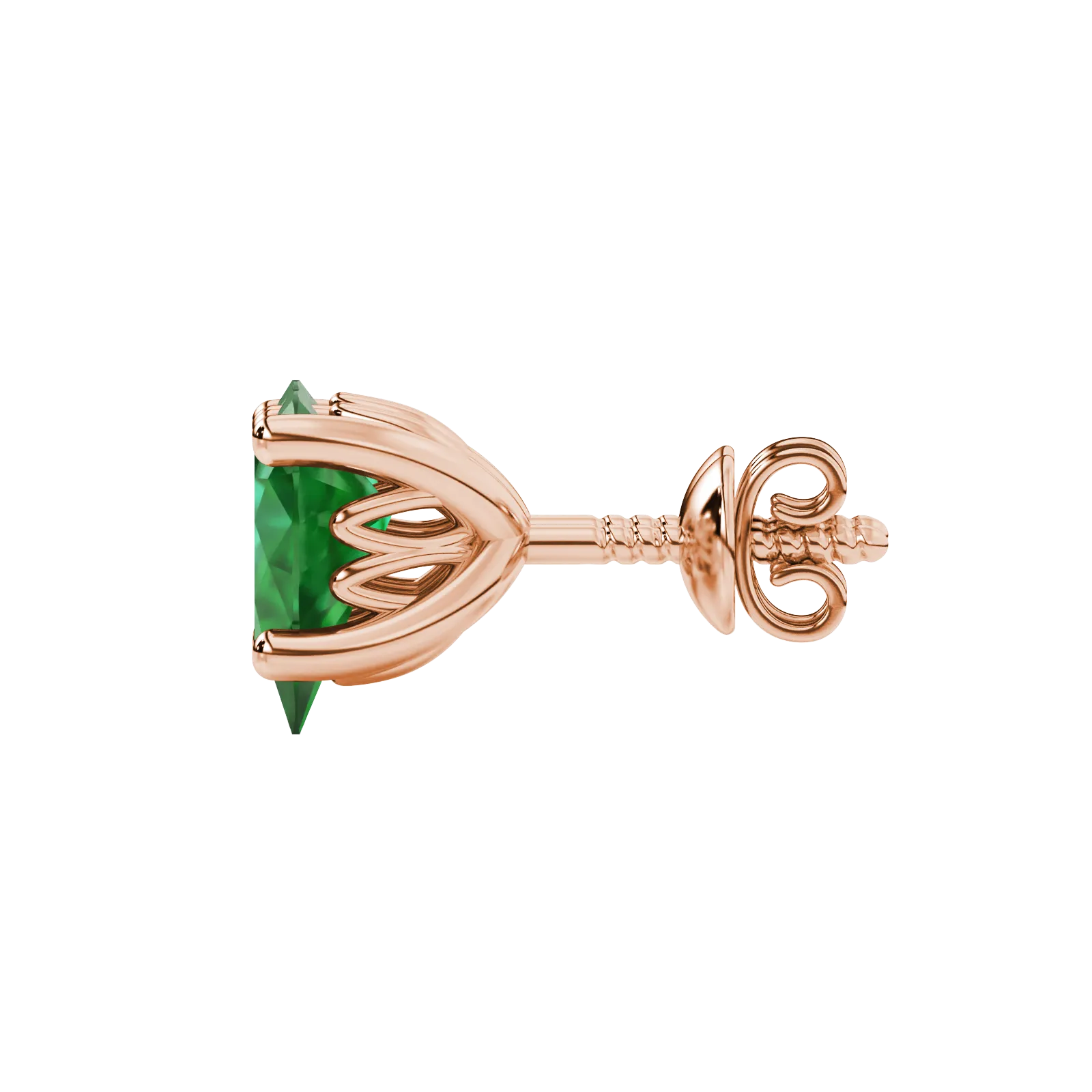 Side profile, rose gold emerald green earrings, lotus basket gallery.