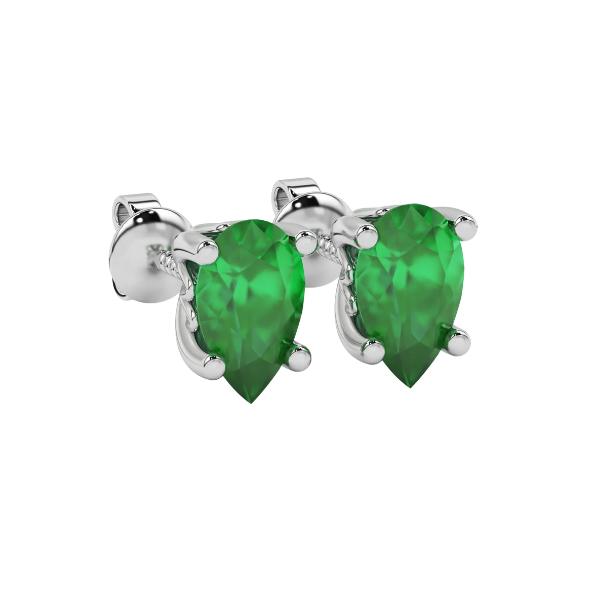 Close-up emerald green gemstone earing, white gold lotus basket.