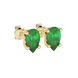 Close-up, pear shape emerald green gemstone, yellow gold lotus basket earrings.