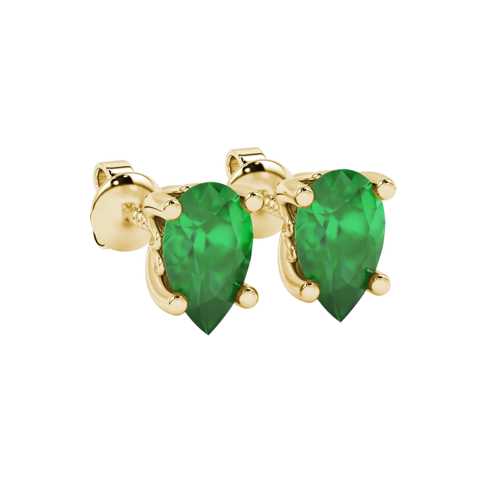 Close-up, pear shape emerald green gemstone, yellow gold lotus basket earrings.