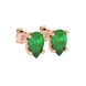 Close-up, pear shape emerald green gemstone earrings, rose gold lotus basket.