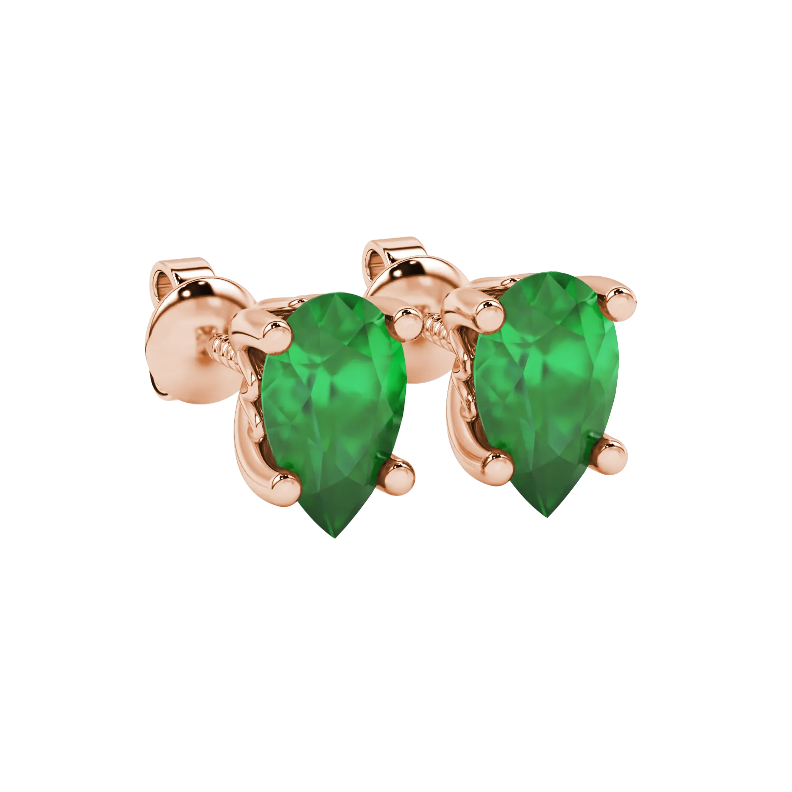 Close-up, pear shape emerald green gemstone earrings, rose gold lotus basket.