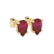 Close-up, pear shape raspberry red gemstone, yellow gold lotus basket earrings.