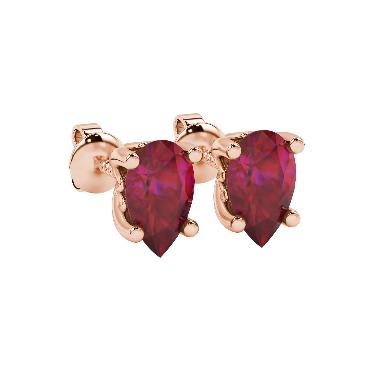 Close-up, pear shape raspberry red gemstone earrings, rose gold lotus basket.