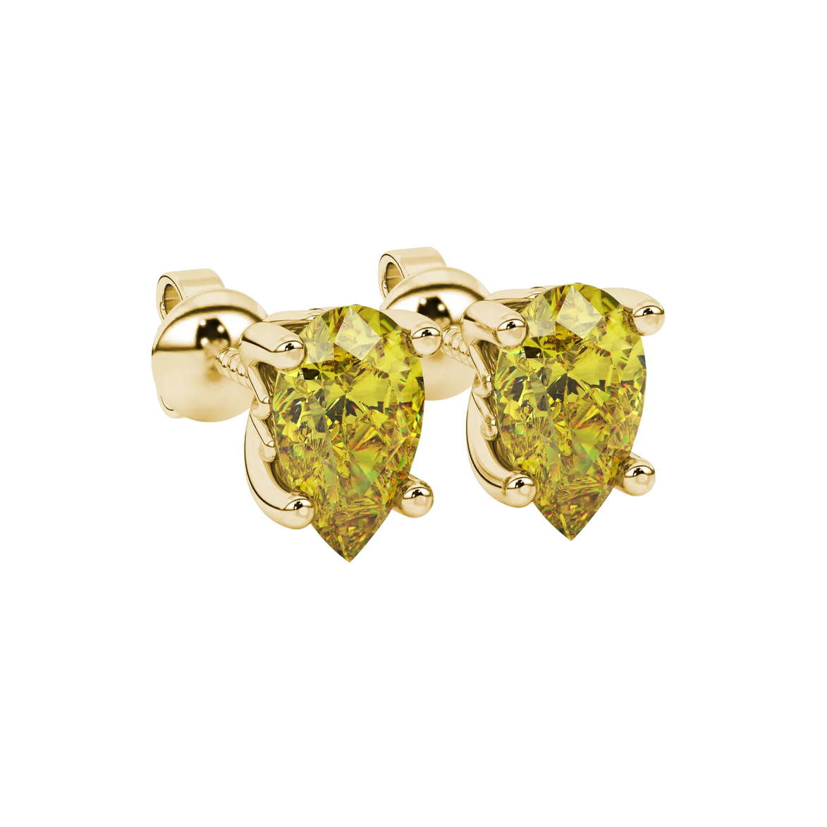 Close-up, pear shape canary yellow gemstone, yellow gold lotus basket earrings.