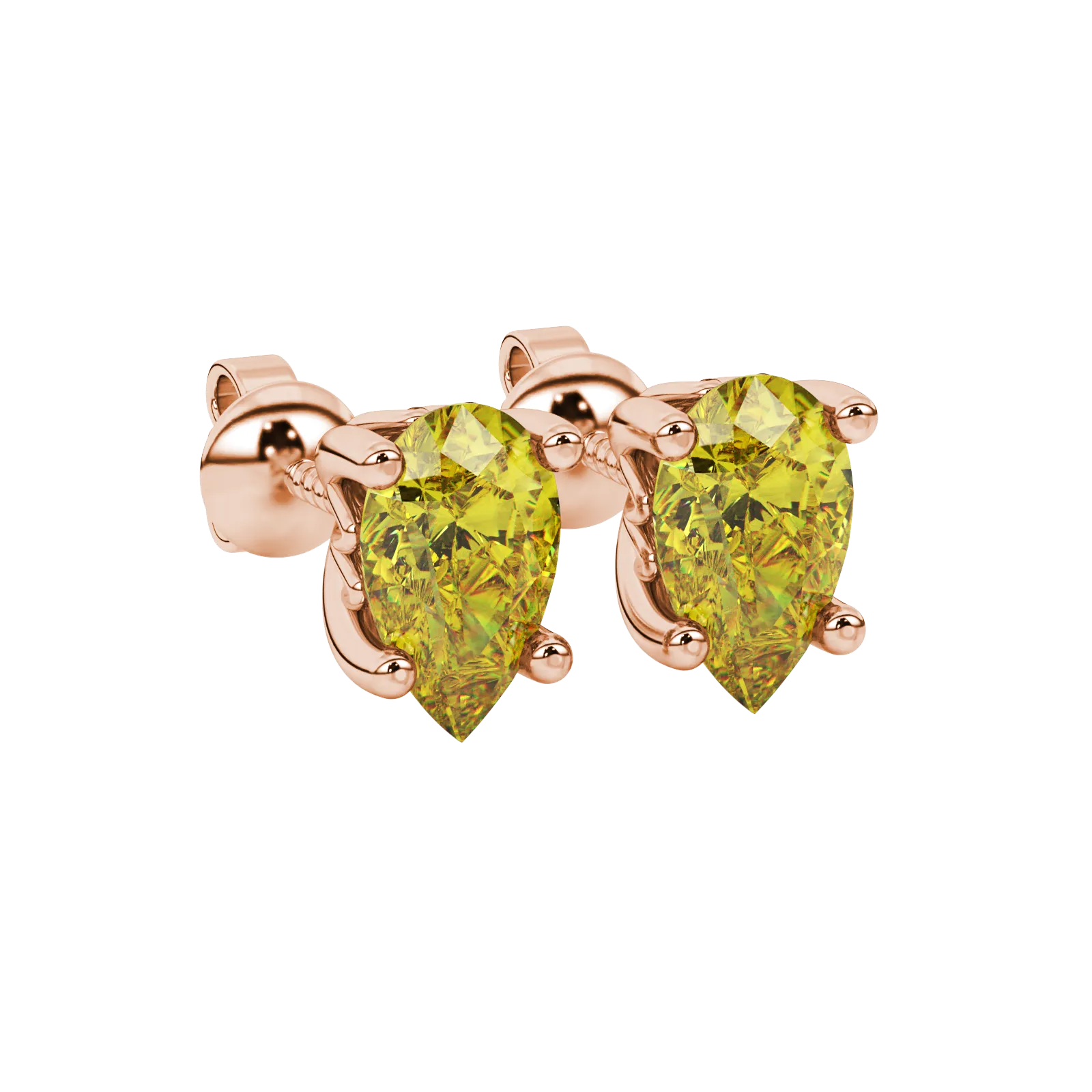 Close-up, pear shape canary yellow gemstone earrings, rose gold lotus basket.