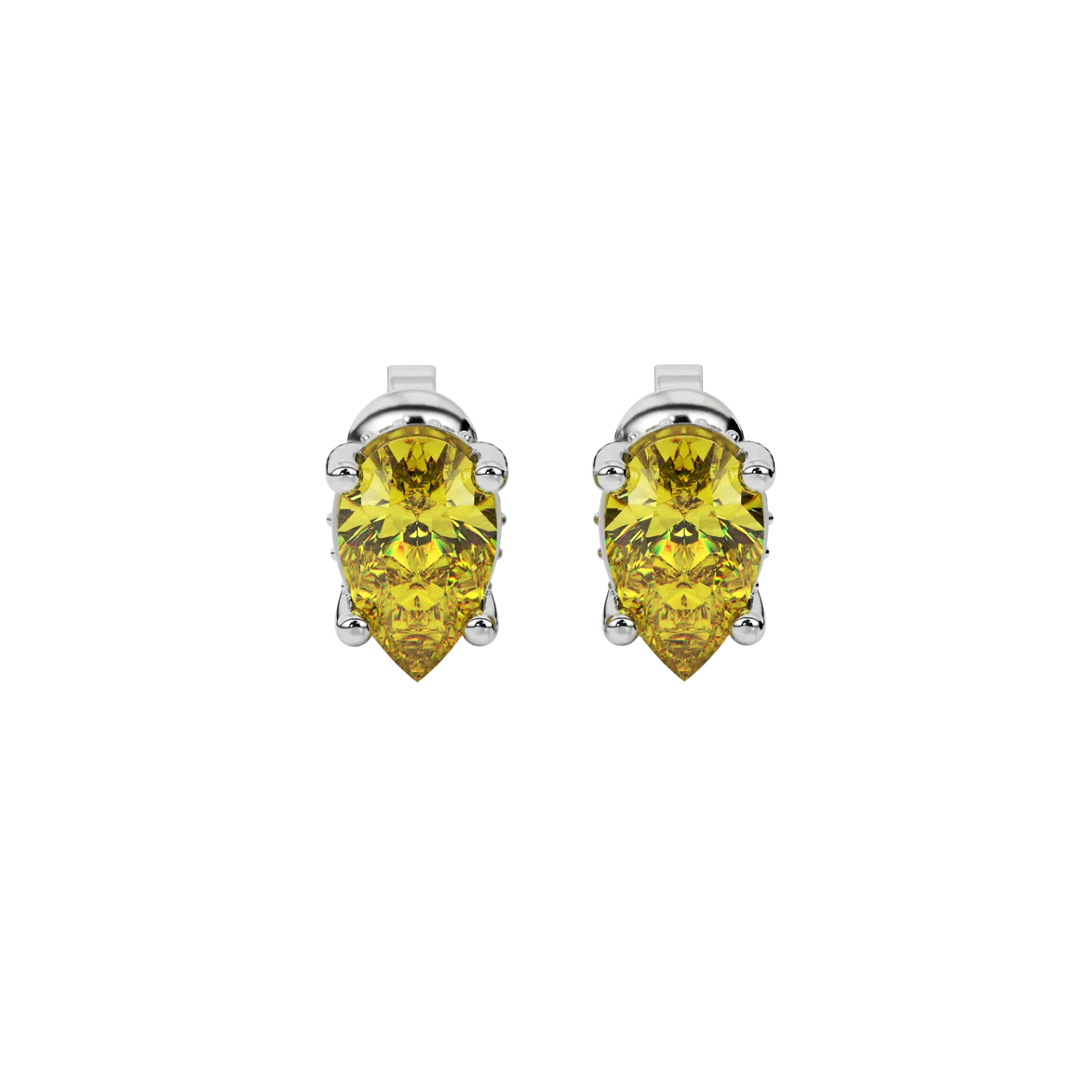 Pear shape canary yellow gemstone earrings, white gold pavé basket setting.