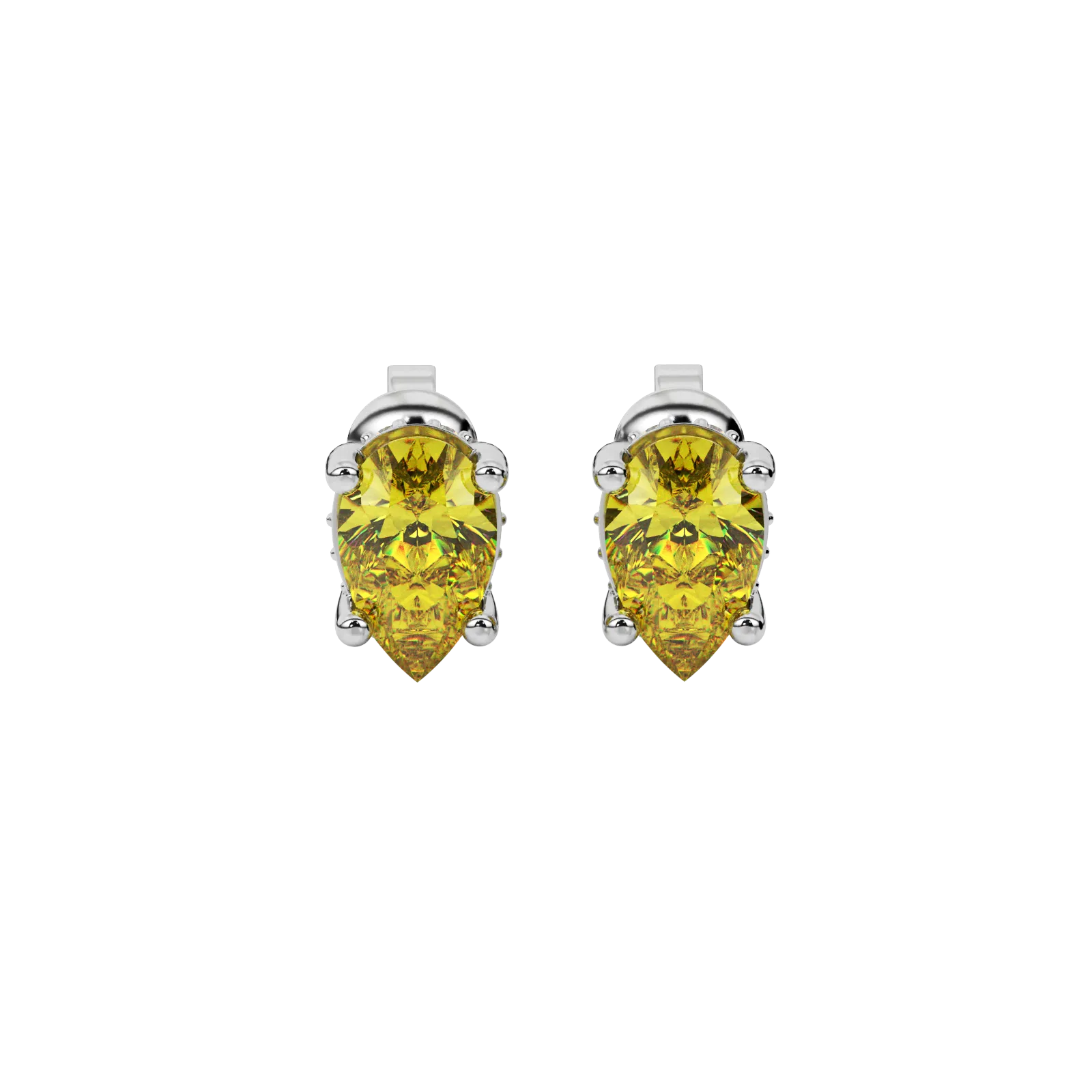 Pear shape canary yellow gemstone earrings, white gold pavé basket setting.