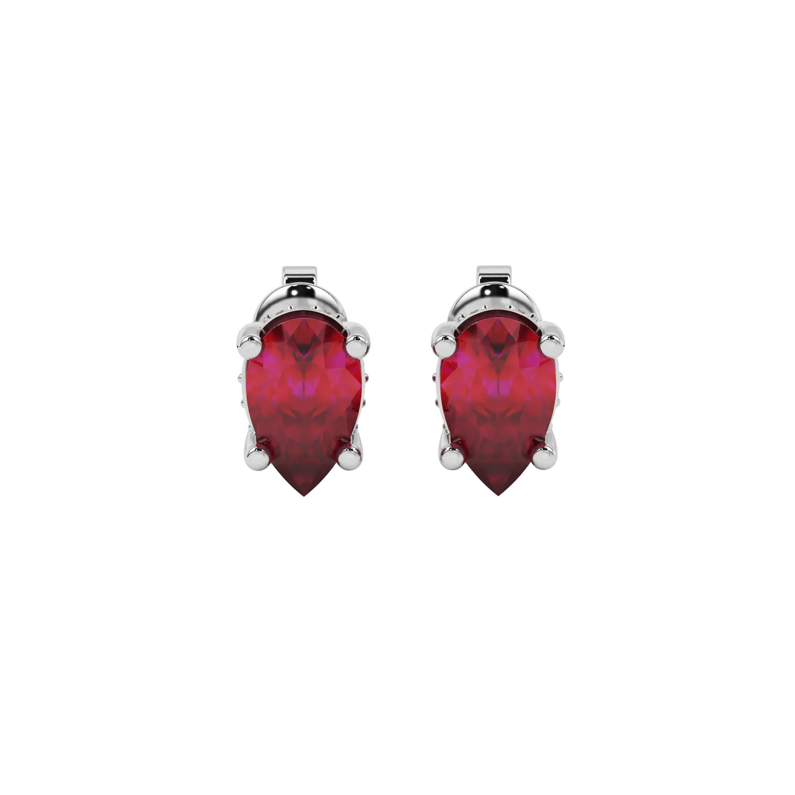 Pear shape raspberry red gemstone earrings, white gold pavé basket setting.
