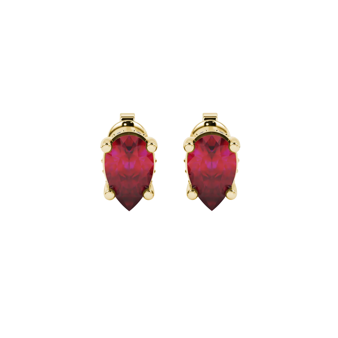 Pear shape raspberry red gemstone earrings, yellow gold pavé basket setting.