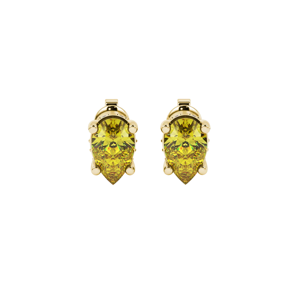 Pear shape canary yellow gemstone earrings, yellow gold pavé basket setting.