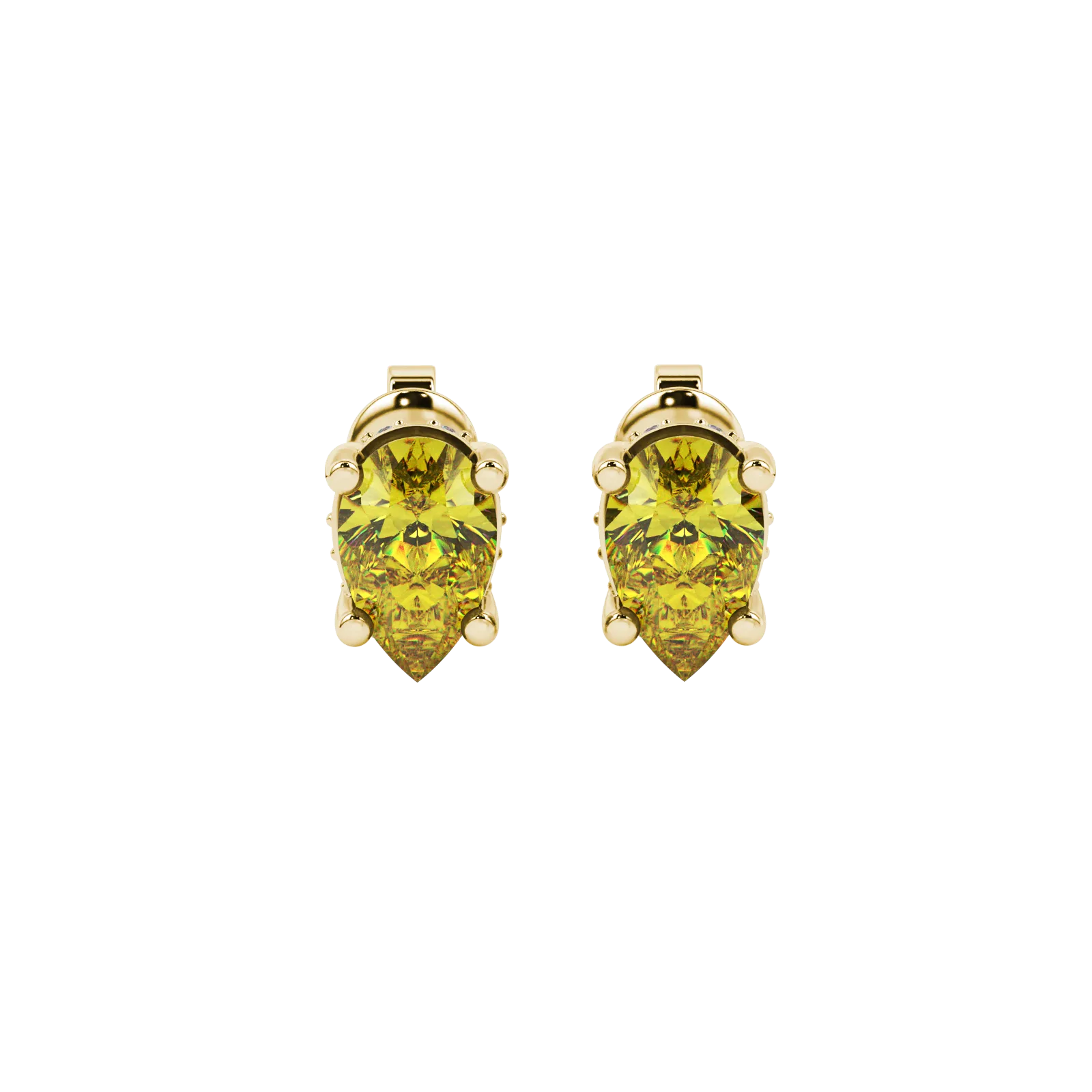Pear shape canary yellow gemstone earrings, yellow gold pavé basket setting.